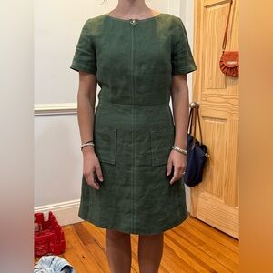 TORY BURCH Nadia Green 100% Linen Gold Silver Tone Belt Buckle Mini Dress Size 8